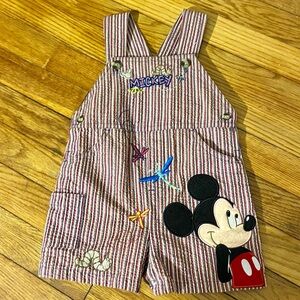 Vintage 90s Disney Mickey Creepy Bugs Cotton Denim Red White Overalls Shorts